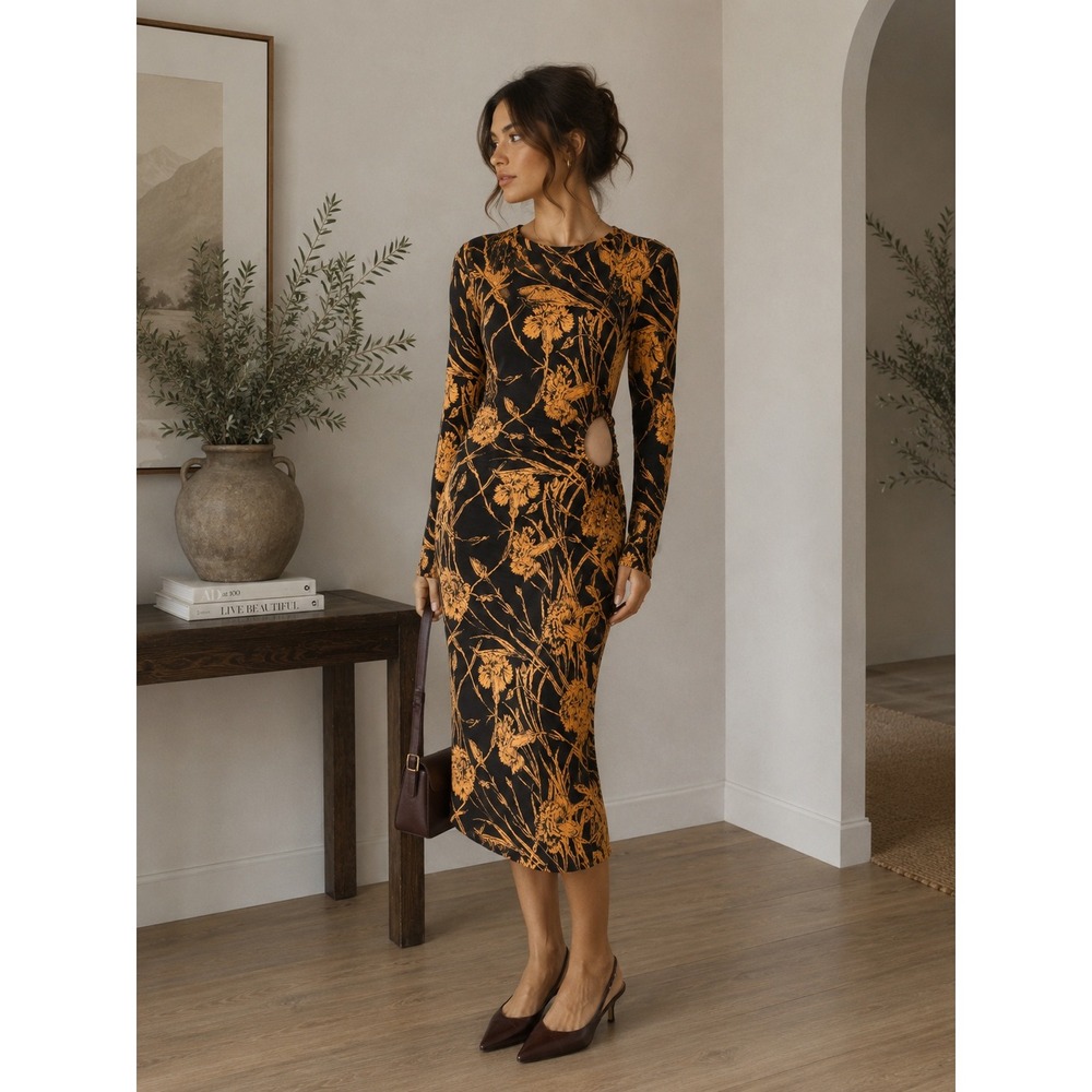 Zara Black Mustard Floral Side Cut Out Midi Dress Long Sleeve Bodycon Size M